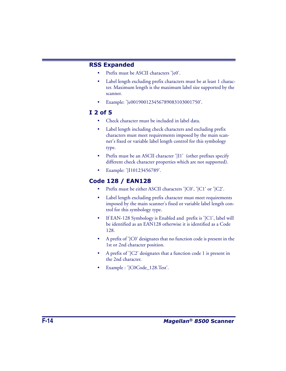 Rss expanded, I 2 of 5, Code 128 / ean128 | F-14 | Datalogic Scanning MAGELLAN 8500 User Manual | Page 430 / 436