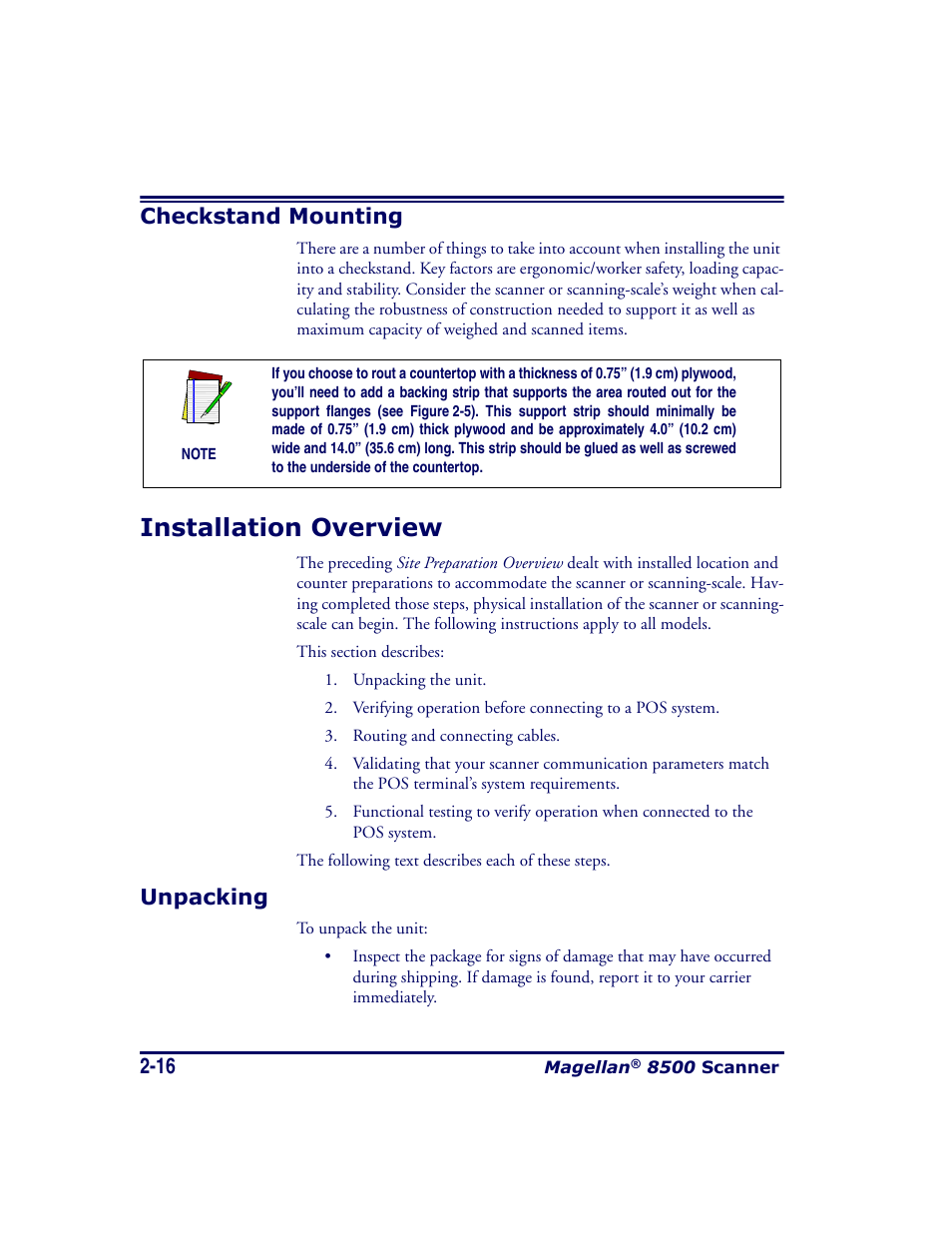 Checkstand mounting, Installation overview, Unpacking | Checkstand mounting -16, Installation overview -16, Unpacking -16 | Datalogic Scanning MAGELLAN 8500 User Manual | Page 44 / 436