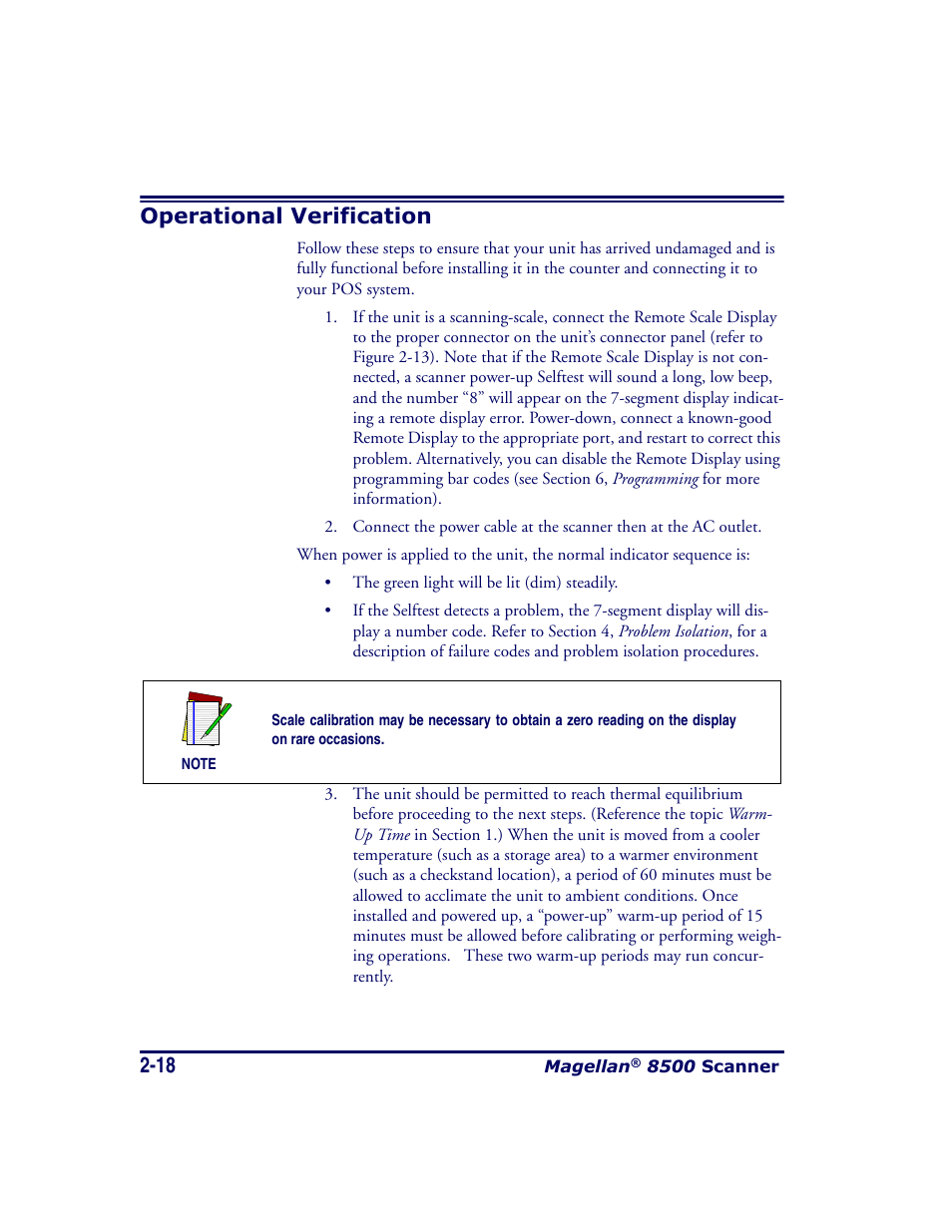 Operational verification, Operational verification -18 | Datalogic Scanning MAGELLAN 8500 User Manual | Page 46 / 436