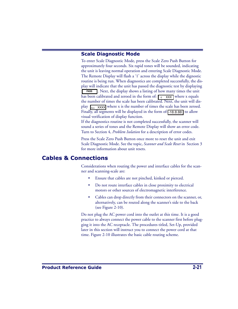 Scale diagnostic mode, Cables & connections, Scale diagnostic mode -21 | Cables & connections -21 | Datalogic Scanning MAGELLAN 8500 User Manual | Page 49 / 436