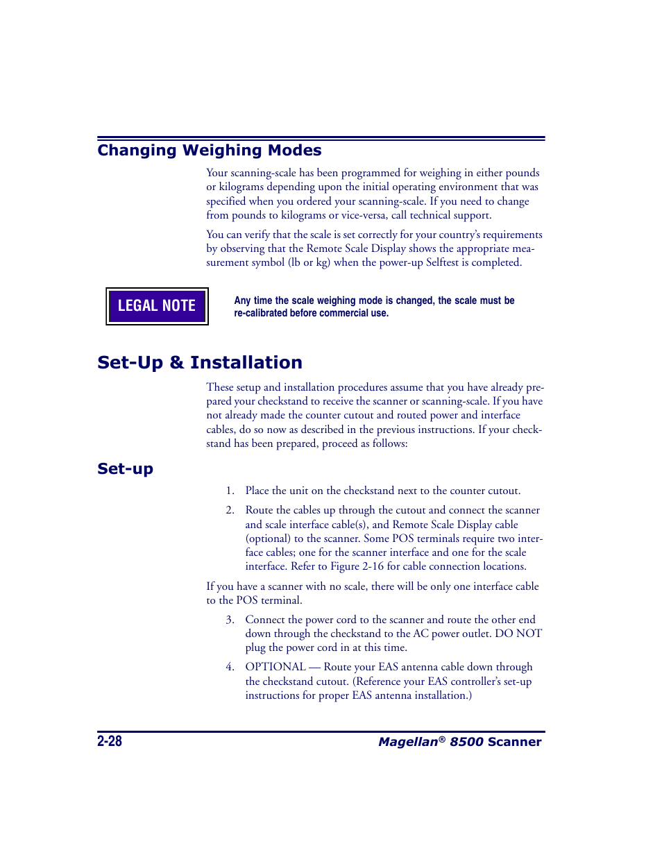 Changing weighing modes, Set-up & installation, Set-up | Changing weighing modes -28, Set-up & installation -28, Set-up -28 | Datalogic Scanning MAGELLAN 8500 User Manual | Page 56 / 436