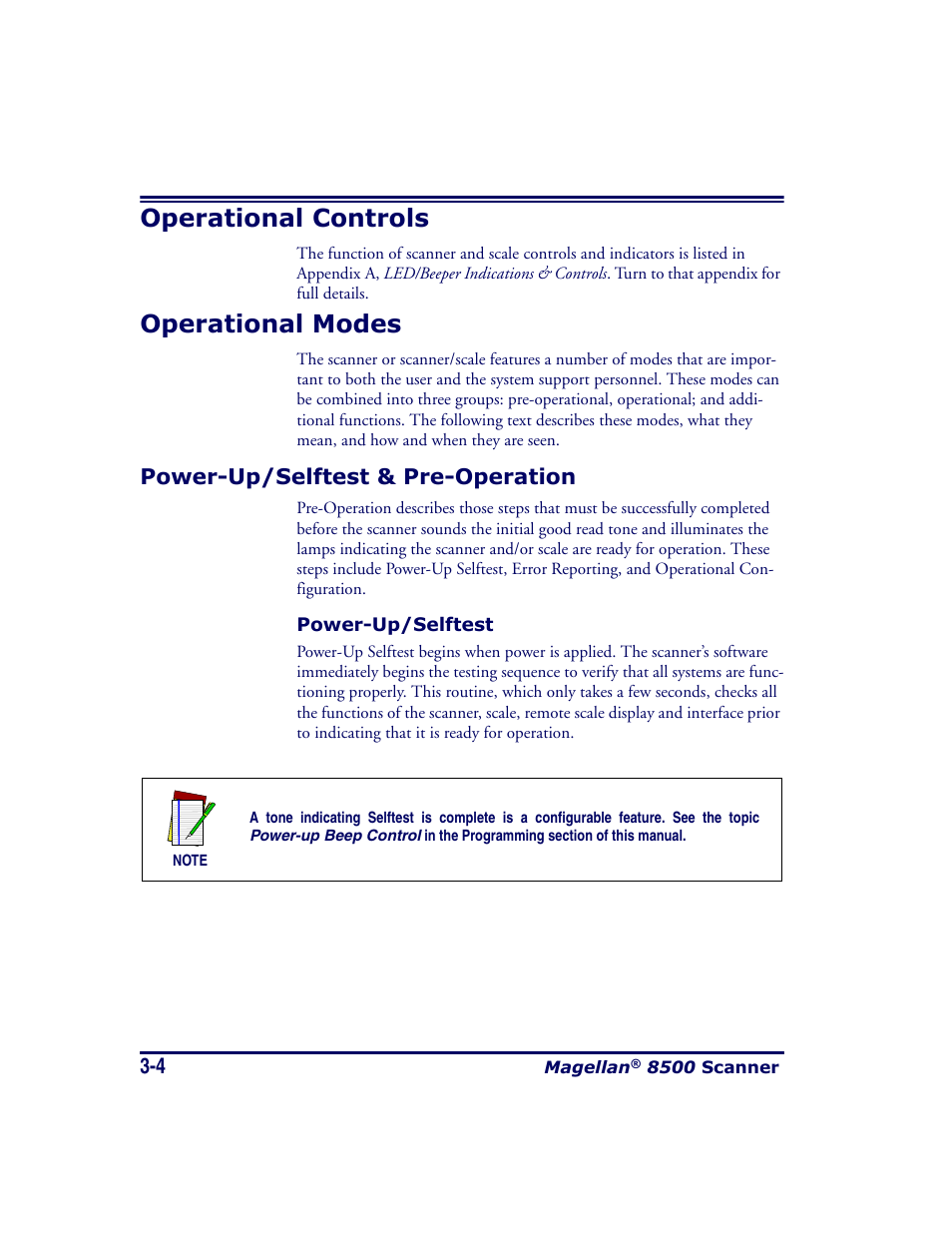 Operational controls, Operational modes, Power-up/selftest & pre-operation | Power-up/selftest, Operational controls -4 operational modes -4, Power-up/selftest & pre-operation -4, Power-up/selftest -4 | Datalogic Scanning MAGELLAN 8500 User Manual | Page 66 / 436