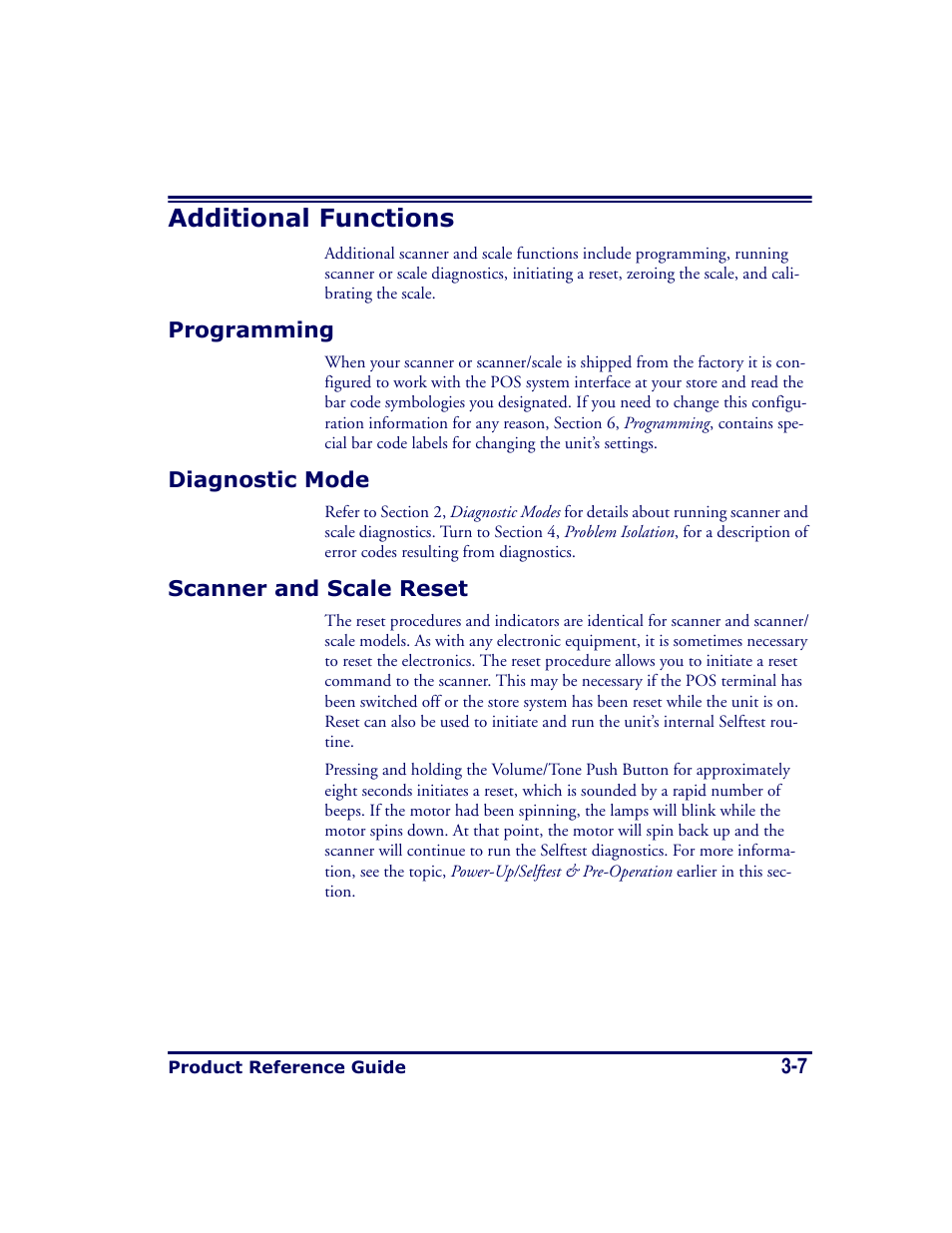 Additional functions, Programming, Diagnostic mode | Scanner and scale reset, Additional functions -7, Scanner and scale reset in s | Datalogic Scanning MAGELLAN 8500 User Manual | Page 69 / 436