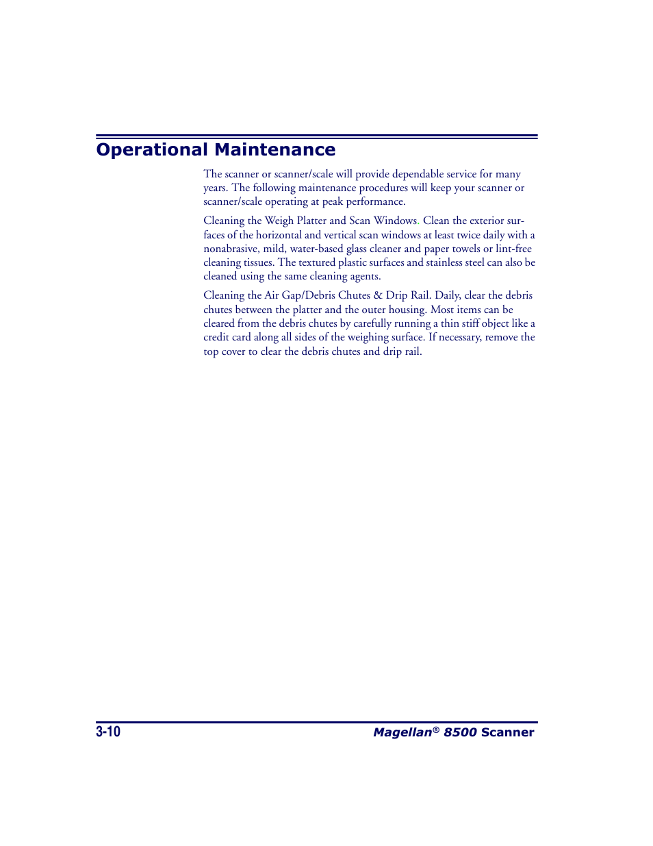 Operational maintenance, Operational maintenance -10 | Datalogic Scanning MAGELLAN 8500 User Manual | Page 72 / 436