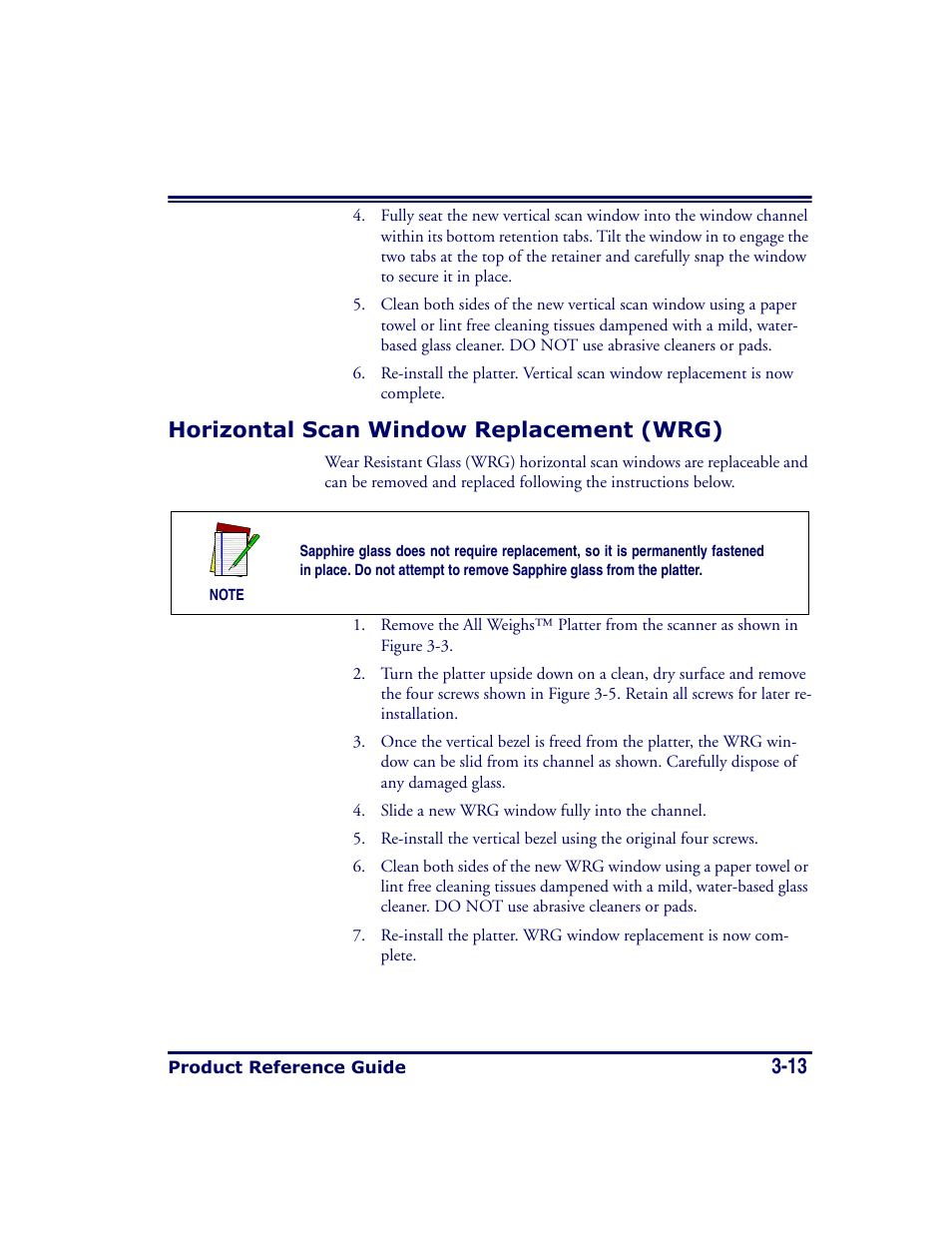 Horizontal scan window replacement (wrg), Horizontal scan window replacement (wrg) -13 | Datalogic Scanning MAGELLAN 8500 User Manual | Page 75 / 436