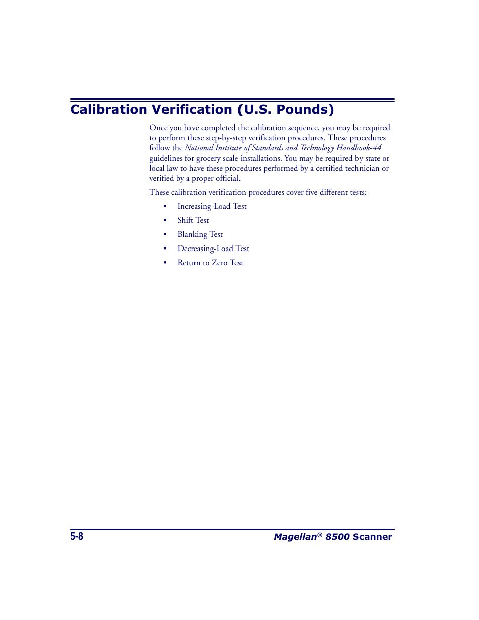 Calibration verification (u.s. pounds), Calibration verification (u.s. pounds) -8 | Datalogic Scanning MAGELLAN 8500 User Manual | Page 96 / 436