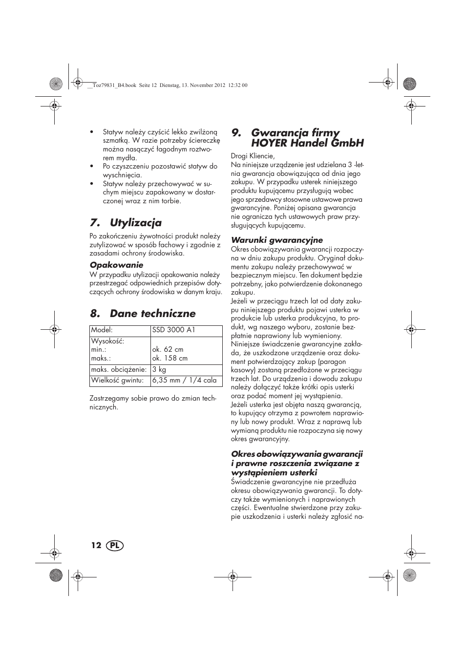 Utylizacja, Dane techniczne, Gwarancja firmy hoyer handel gmbh | Silvercrest SSD 3000 A1 User Manual | Page 14 / 50