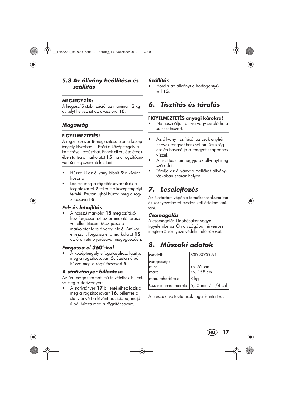 Tisztítás és tárolás, Leselejtezés, Mszaki adatok | Silvercrest SSD 3000 A1 User Manual | Page 19 / 50