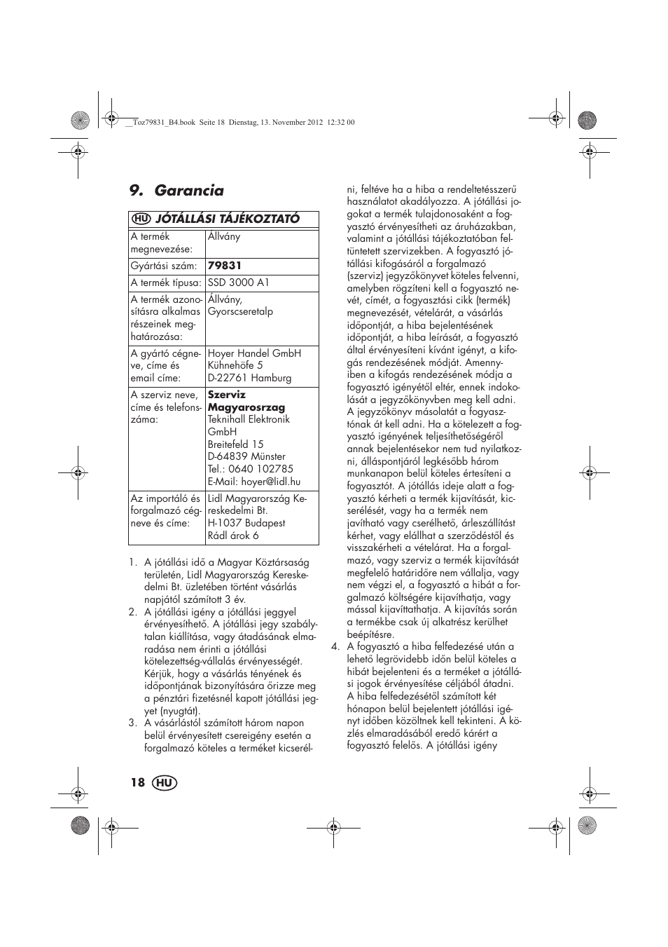 Garancia | Silvercrest SSD 3000 A1 User Manual | Page 20 / 50