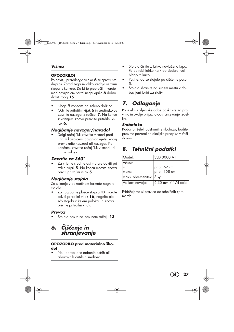 išenje in shranjevanje, Odlaganje, Tehnini podatki | Silvercrest SSD 3000 A1 User Manual | Page 29 / 50