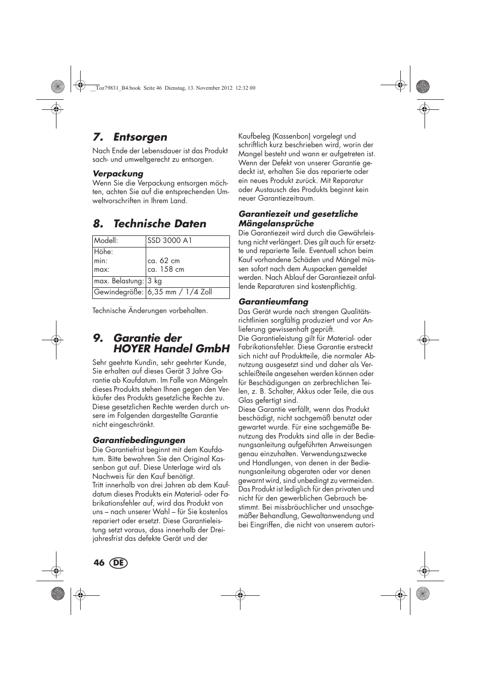 Entsorgen, Technische daten, Garantie der hoyerhandel gmbh | Silvercrest SSD 3000 A1 User Manual | Page 48 / 50