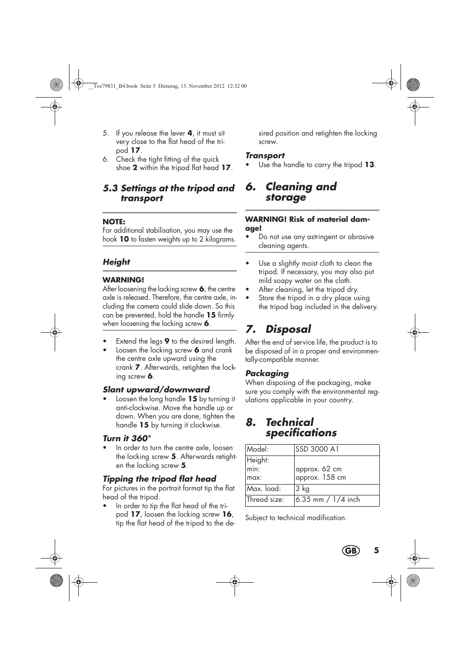 Cleaning and storage, Disposal, Technical specifications | Silvercrest SSD 3000 A1 User Manual | Page 7 / 50