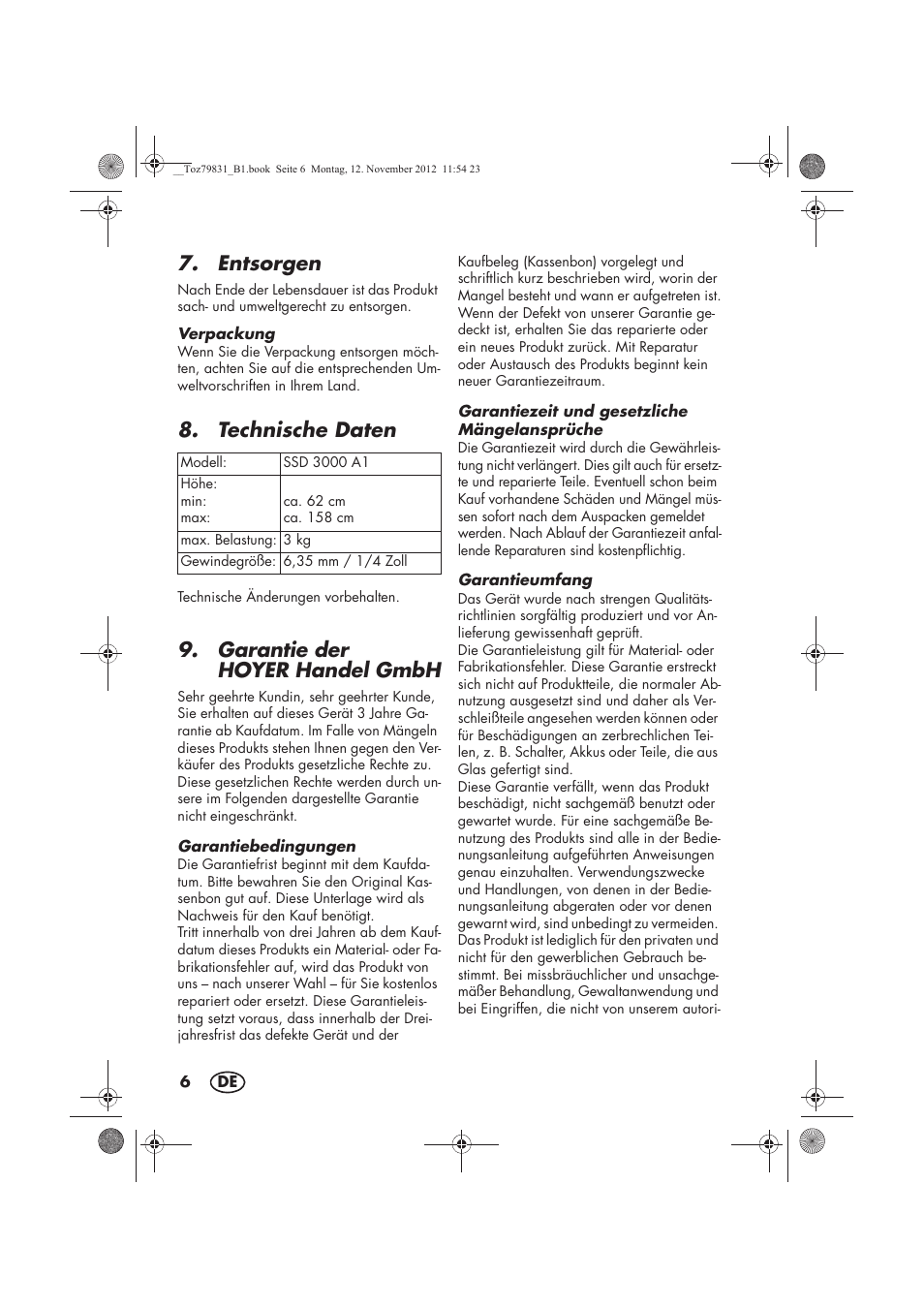 Entsorgen, Technische daten, Garantie der hoyerhandel gmbh | Silvercrest SSD 3000 A1 User Manual | Page 8 / 34