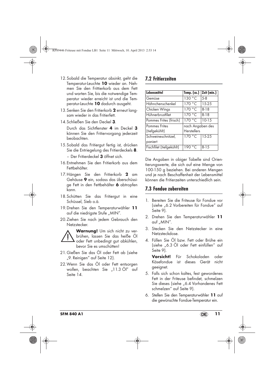 2 fritierzeiten, 3 fondue zubereiten | Silvercrest SFM 840 A1 User Manual | Page 13 / 74