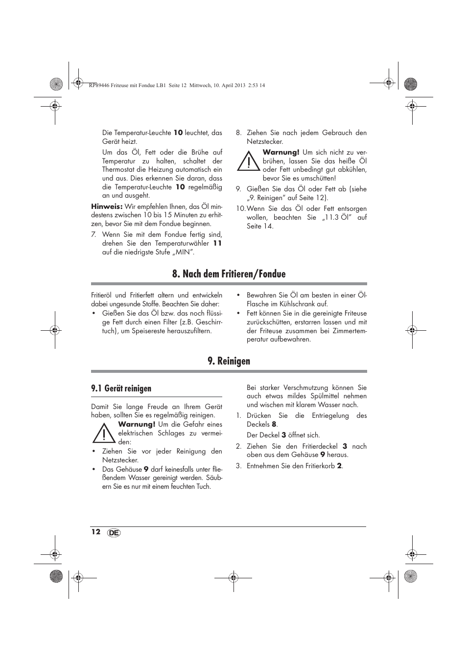 Nach dem fritieren/fondue, Reinigen, 1 gerät reinigen | Silvercrest SFM 840 A1 User Manual | Page 14 / 74