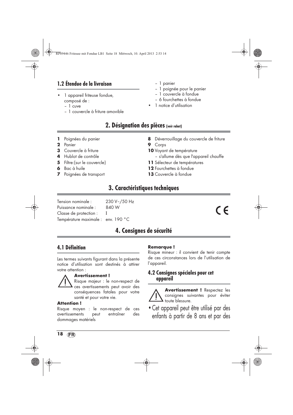 Désignation des pièces, Caractéristiques techniques, Consignes de sécurité | Silvercrest SFM 840 A1 User Manual | Page 20 / 74