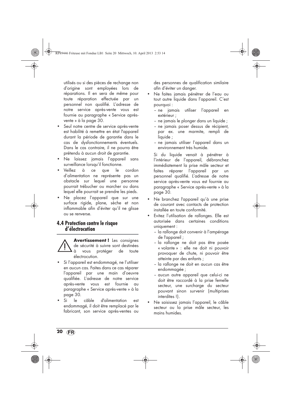 4 protection contre le risque d’électrocution | Silvercrest SFM 840 A1 User Manual | Page 22 / 74