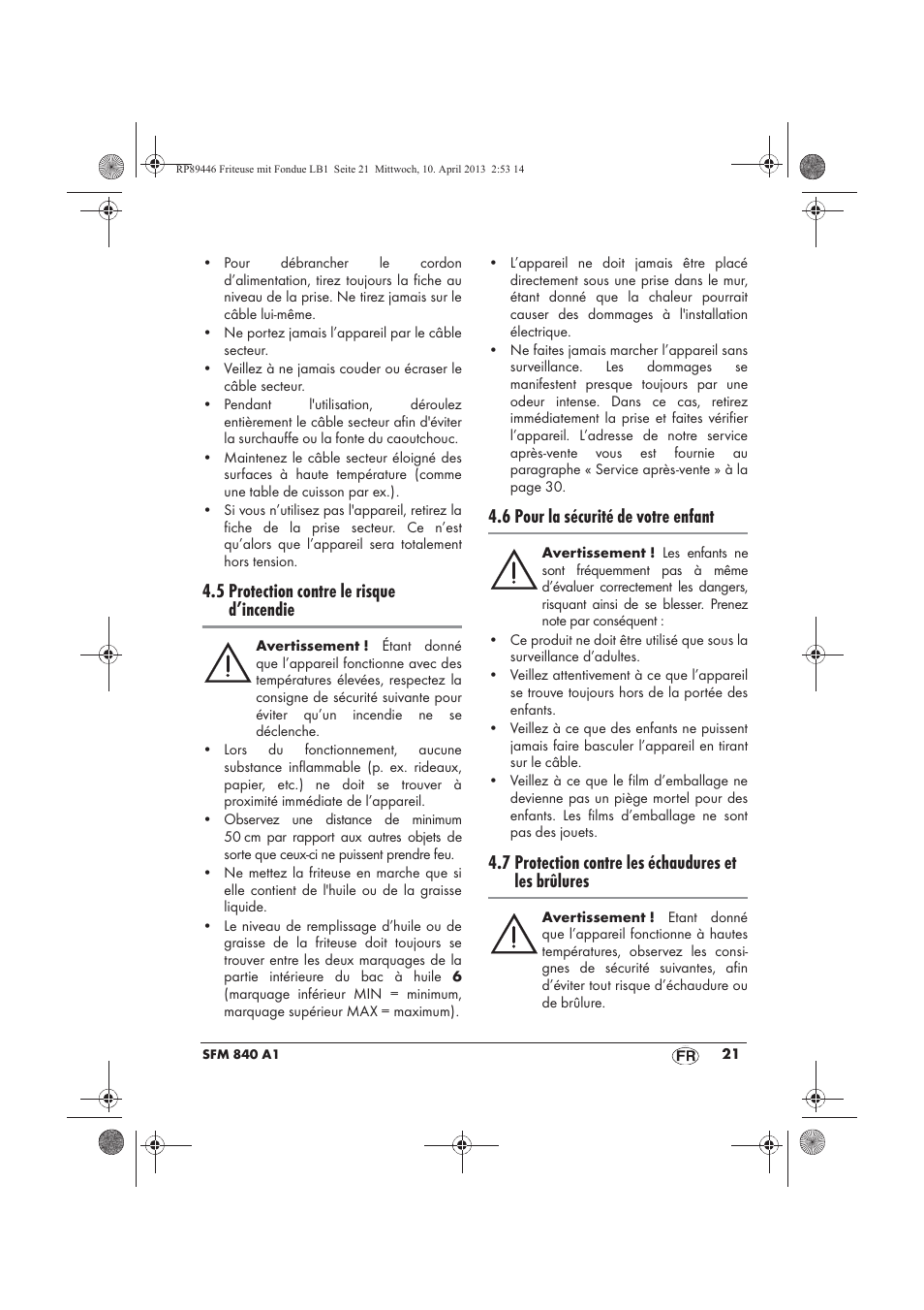 5 protection contre le risque d’incendie, 6 pour la sécurité de votre enfant, 7 protection contre les échaudures et les brûlures | Silvercrest SFM 840 A1 User Manual | Page 23 / 74