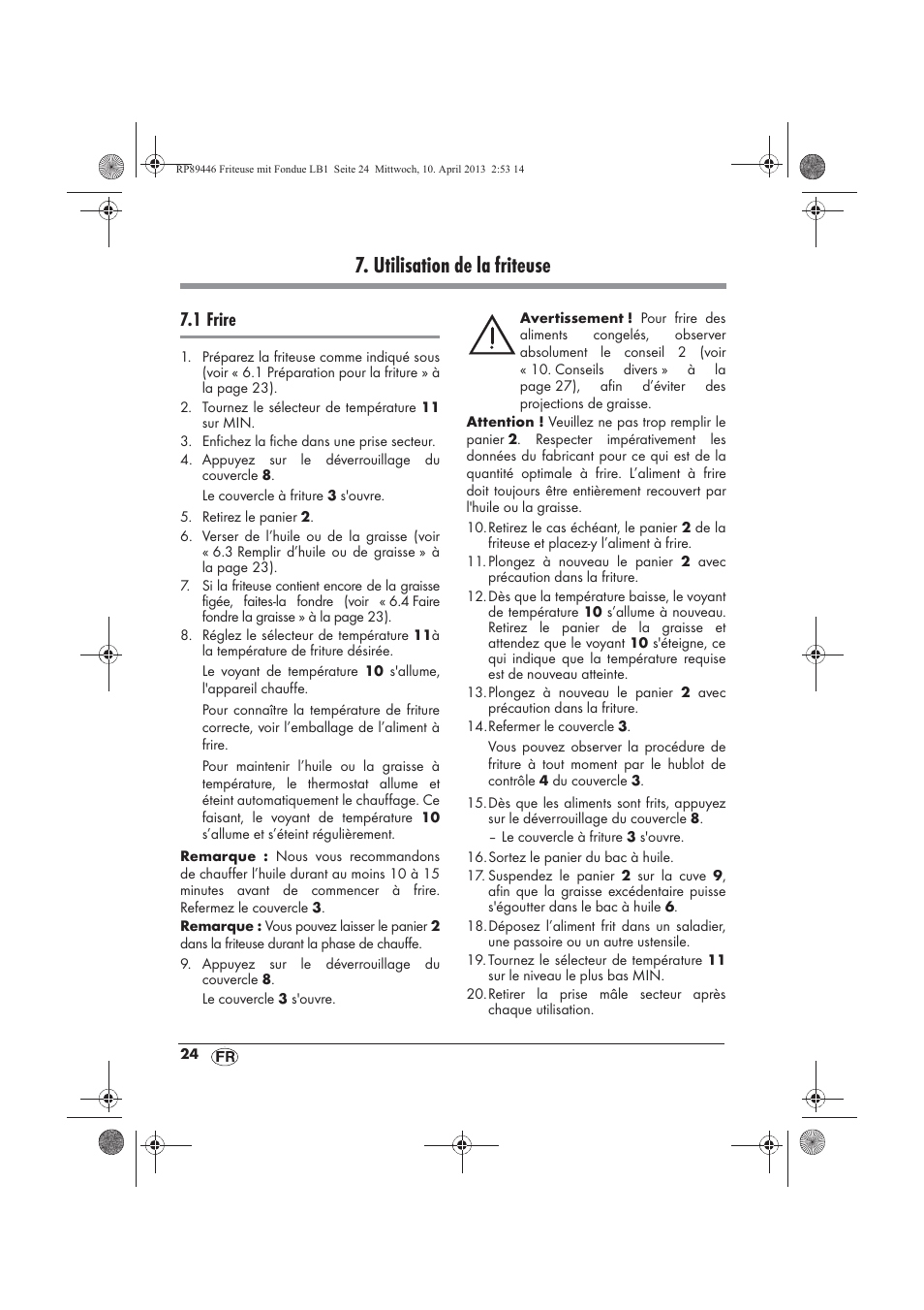 Utilisation de la friteuse, 1 frire | Silvercrest SFM 840 A1 User Manual | Page 26 / 74