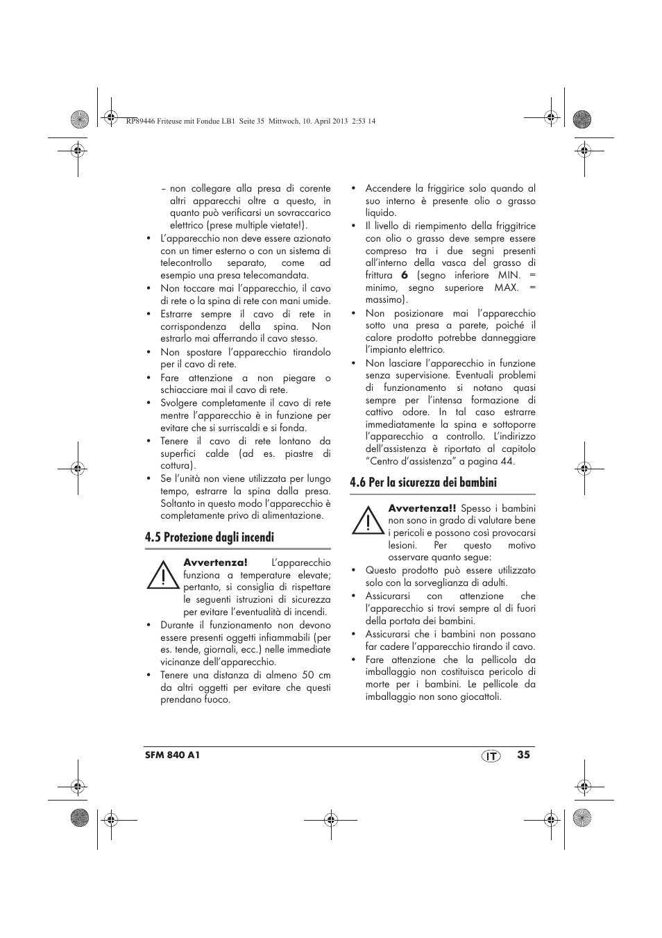 5 protezione dagli incendi, 6 per la sicurezza dei bambini | Silvercrest SFM 840 A1 User Manual | Page 37 / 74
