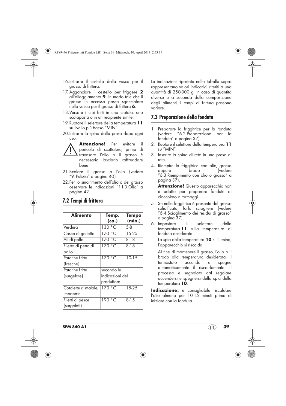 2 tempi di frittura, 3 preparazione della fonduta | Silvercrest SFM 840 A1 User Manual | Page 41 / 74