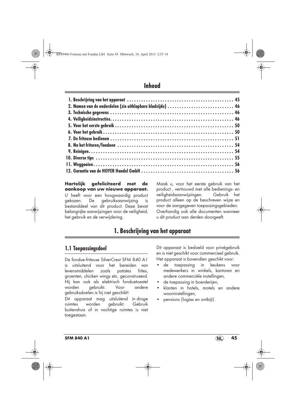 Inhoud, Beschrijving van het apparaat, 1 toepassingsdoel | Silvercrest SFM 840 A1 User Manual | Page 47 / 74