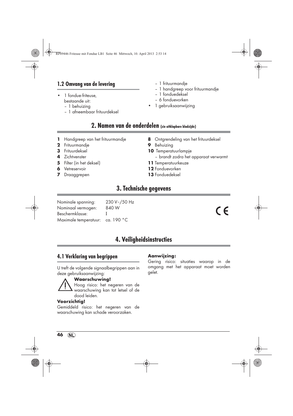 Namen van de onderdelen, Technische gegevens, Veiligheidsinstructies | 2 omvang van de levering, 1 verklaring van begrippen | Silvercrest SFM 840 A1 User Manual | Page 48 / 74
