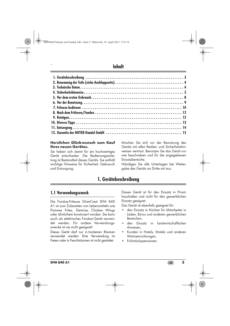 Inhalt, Gerätebeschreibung, 1 verwendungszweck | Silvercrest SFM 840 A1 User Manual | Page 5 / 74