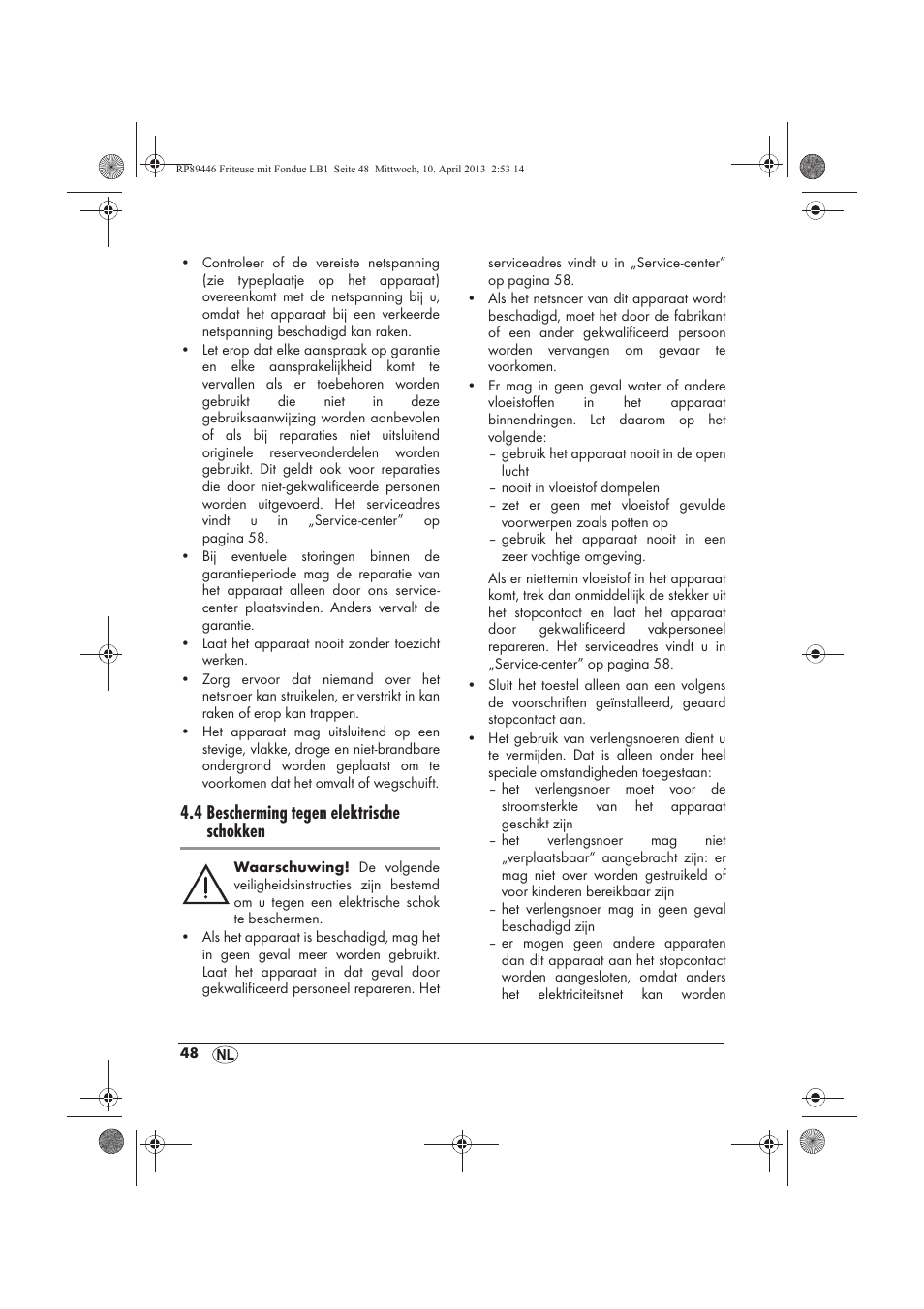 4 bescherming tegen elektrische schokken | Silvercrest SFM 840 A1 User Manual | Page 50 / 74