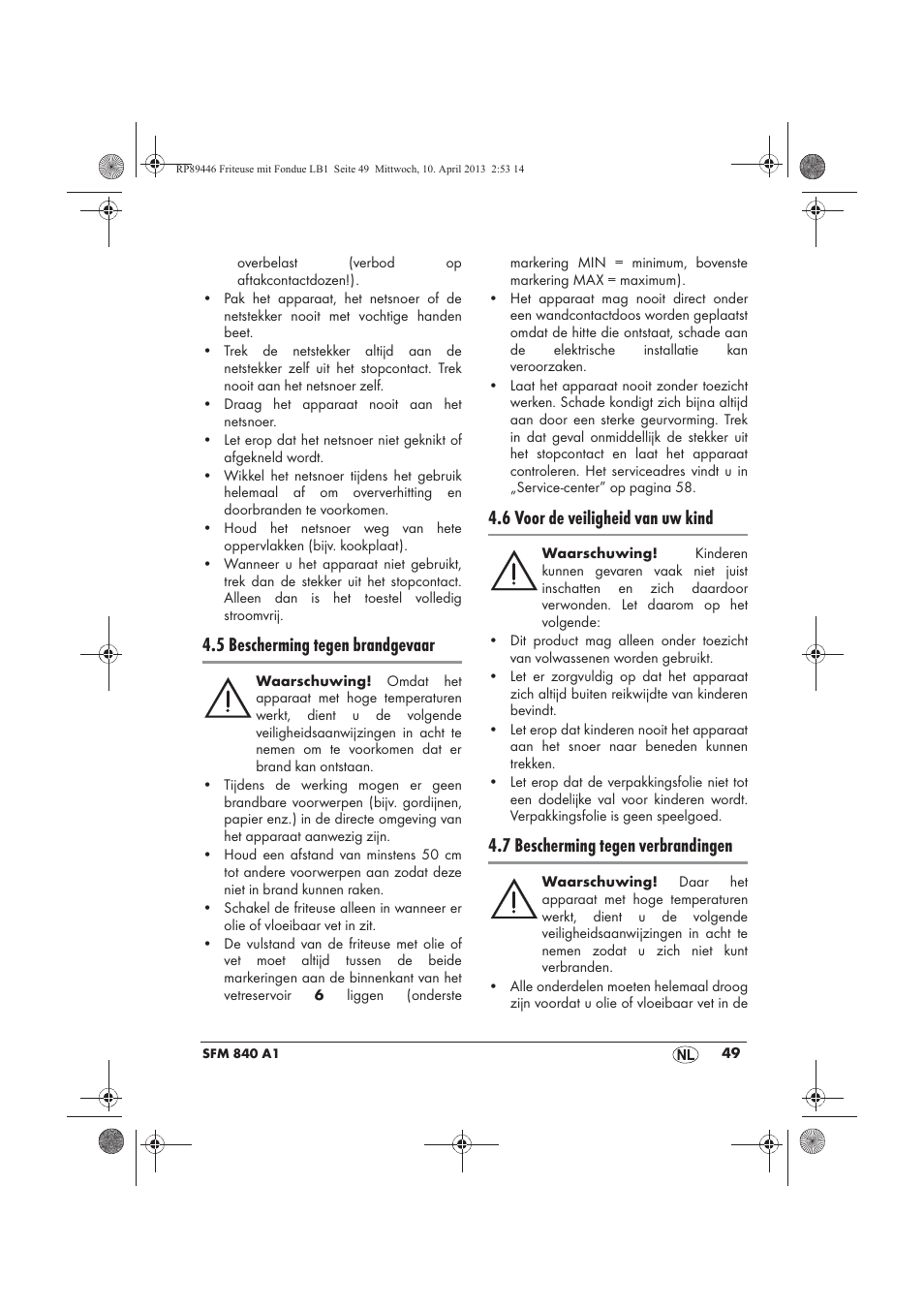 5 bescherming tegen brandgevaar, 6 voor de veiligheid van uw kind, 7 bescherming tegen verbrandingen | Silvercrest SFM 840 A1 User Manual | Page 51 / 74