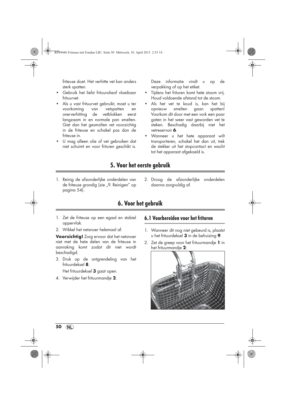Voor het eerste gebruik, Voor het gebruik, 1 voorbereiden voor het frituren | Silvercrest SFM 840 A1 User Manual | Page 52 / 74