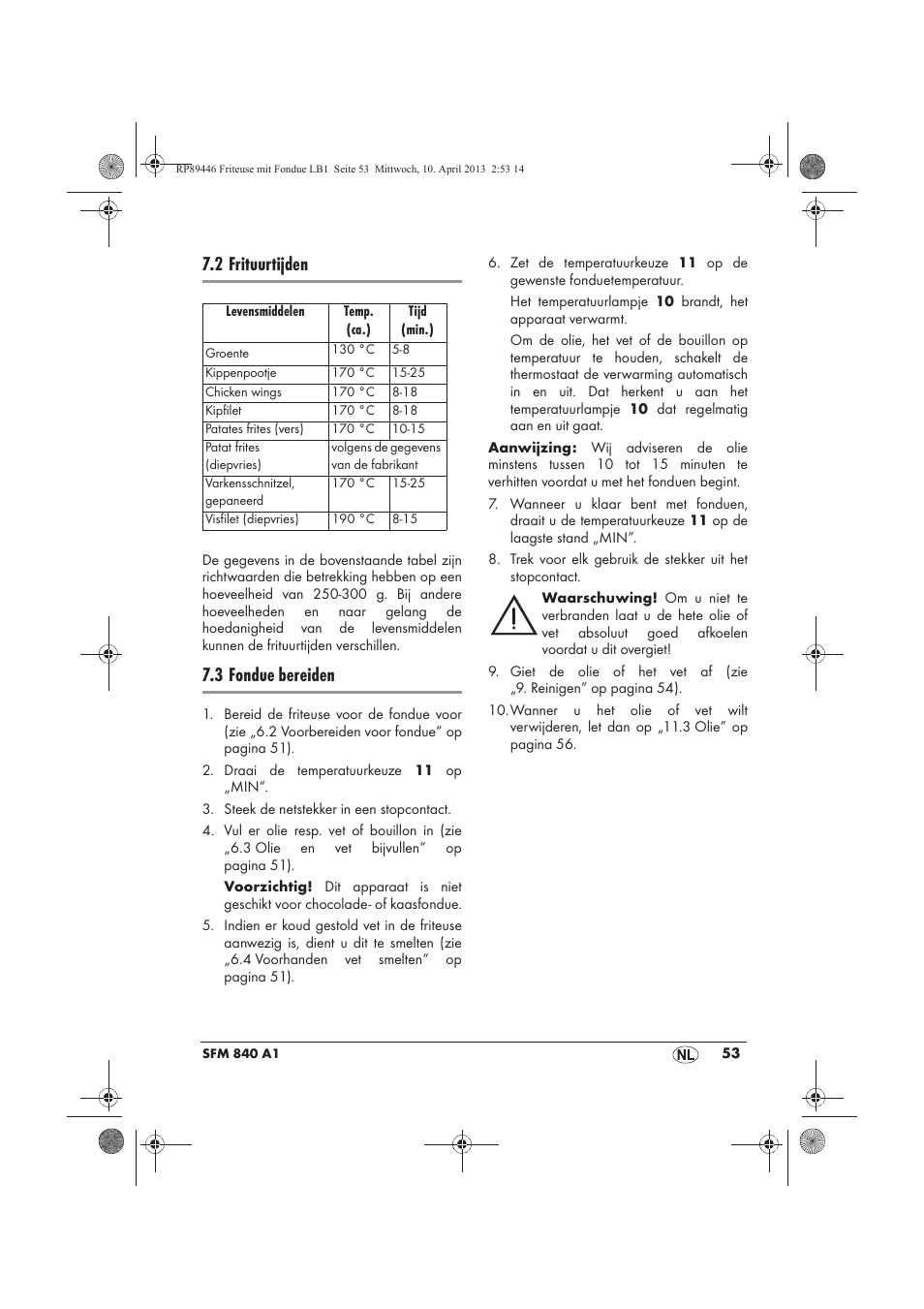 2 frituurtijden, 3 fondue bereiden | Silvercrest SFM 840 A1 User Manual | Page 55 / 74