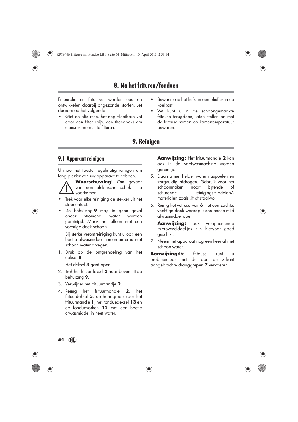 Na het frituren/fonduen, Reinigen, 1 apparaat reinigen | Silvercrest SFM 840 A1 User Manual | Page 56 / 74