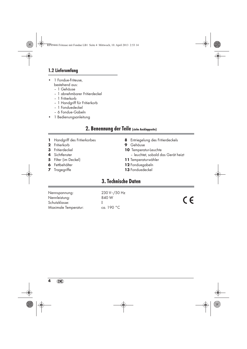 Benennung der teile, Technische daten, 2 lieferumfang | Silvercrest SFM 840 A1 User Manual | Page 6 / 74