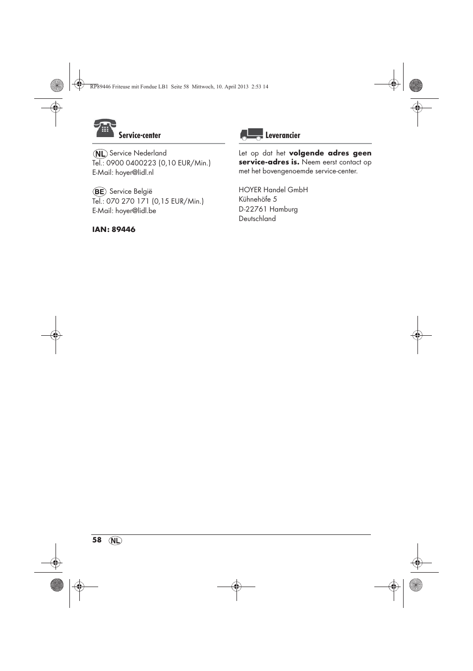 Service-center, Leverancier | Silvercrest SFM 840 A1 User Manual | Page 60 / 74