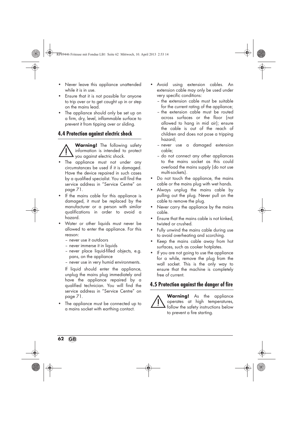 4 protection against electric shock, 5 protection against the danger of fire | Silvercrest SFM 840 A1 User Manual | Page 64 / 74