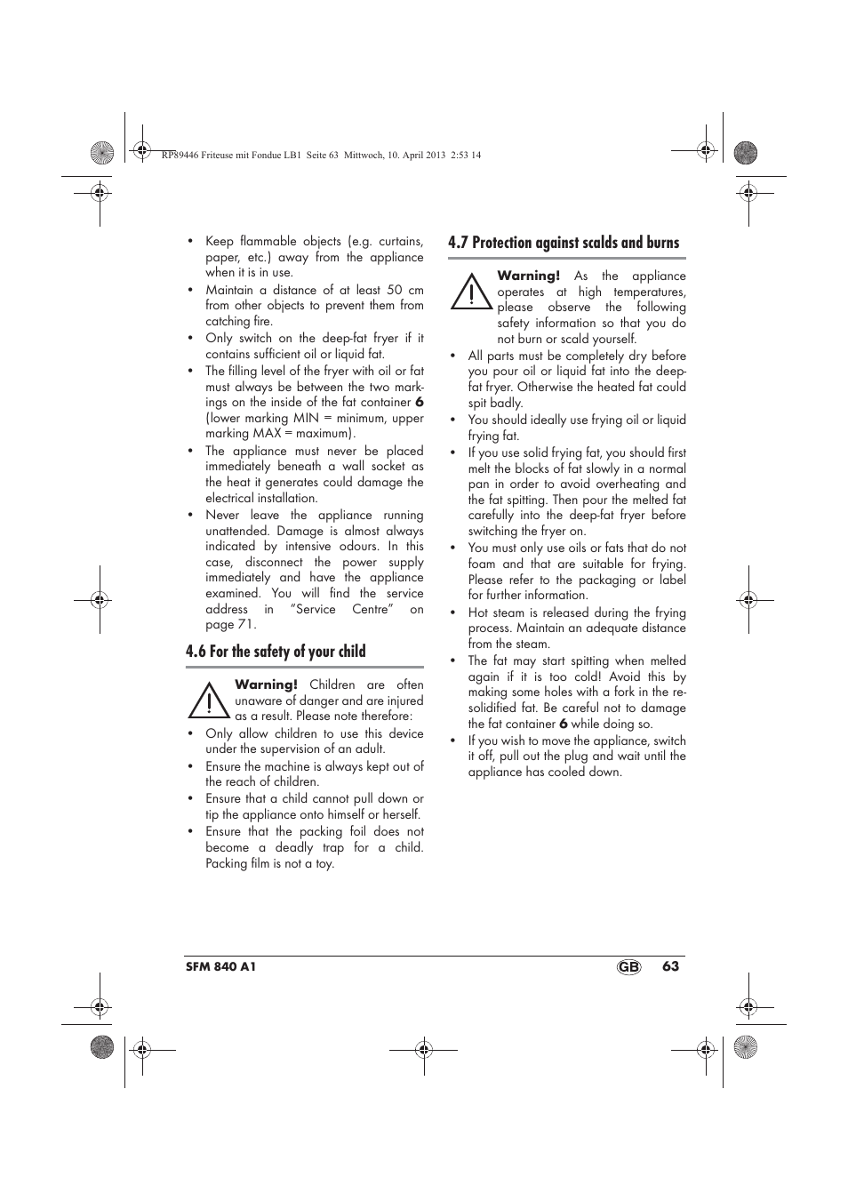 6 for the safety of your child, 7 protection against scalds and burns | Silvercrest SFM 840 A1 User Manual | Page 65 / 74