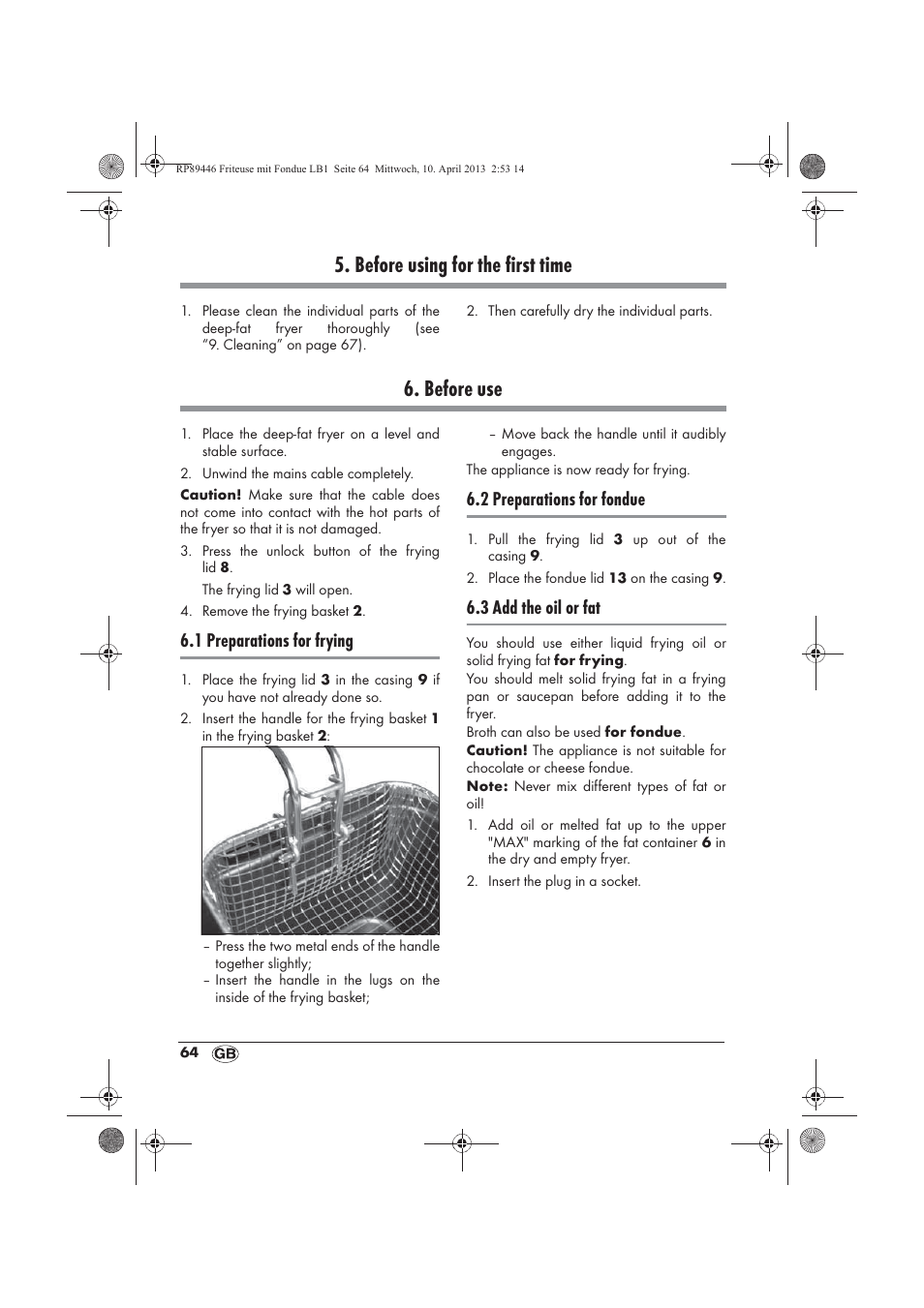 Before using for the first time, Before use, 1 preparations for frying | 2 preparations for fondue, 3 add the oil or fat | Silvercrest SFM 840 A1 User Manual | Page 66 / 74