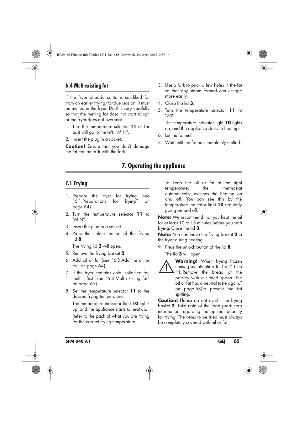 Operating the appliance, 4 melt existing fat, 1 frying | Silvercrest SFM 840 A1 User Manual | Page 67 / 74