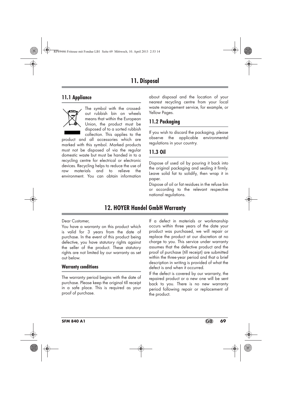 Disposal, Hoyer handel gmbh warranty | Silvercrest SFM 840 A1 User Manual | Page 71 / 74
