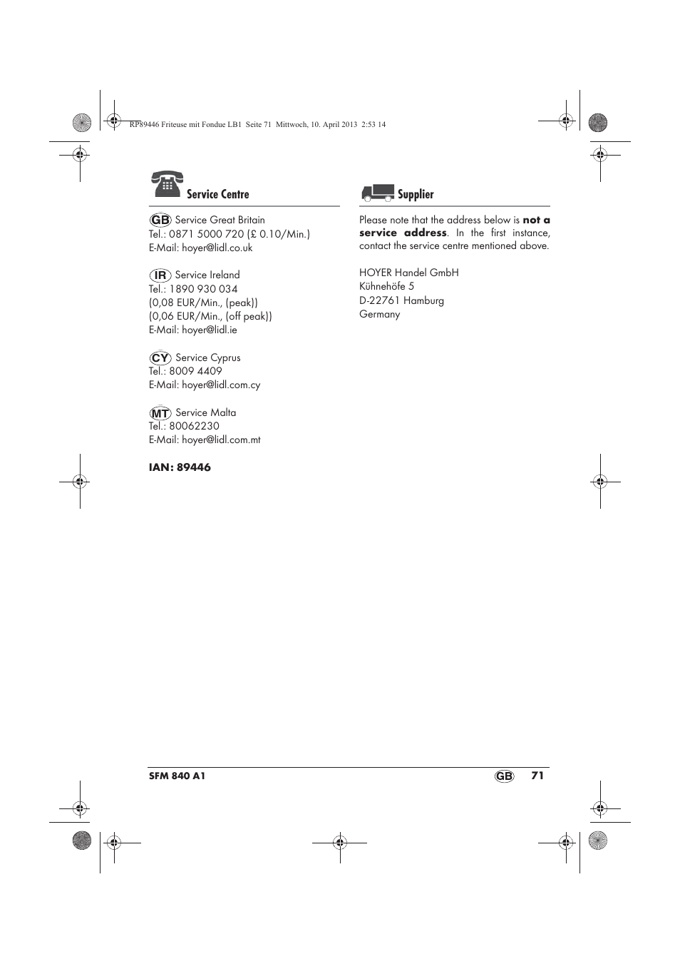 Service centre, Supplier | Silvercrest SFM 840 A1 User Manual | Page 73 / 74