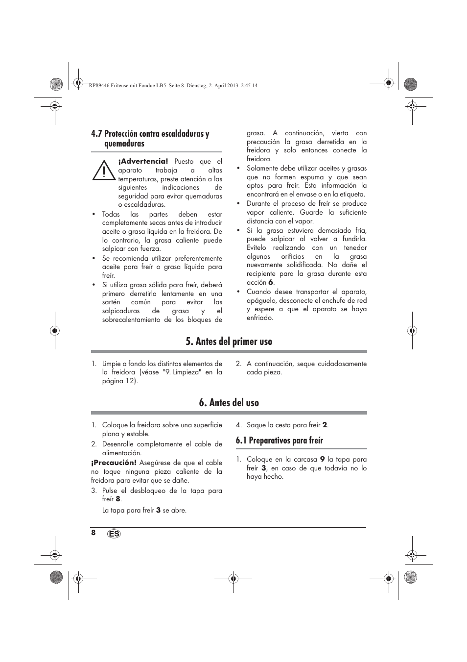 Antes del primer uso, Antes del uso, 7 protección contra escaldaduras y quemaduras | 1 preparativos para freír | Silvercrest SFM 840 A1 User Manual | Page 10 / 74