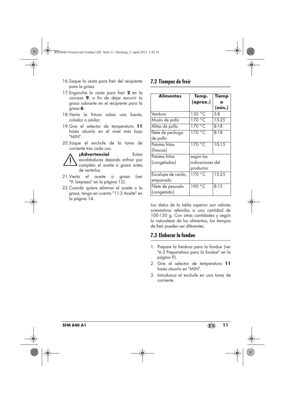 2 tiempos de freír, 3 elaborar la fondue | Silvercrest SFM 840 A1 User Manual | Page 13 / 74