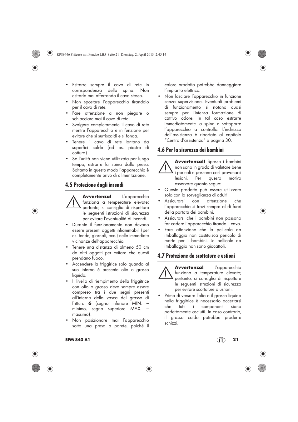 5 protezione dagli incendi, 6 per la sicurezza dei bambini, 7 protezione da scottature e ustioni | Silvercrest SFM 840 A1 User Manual | Page 23 / 74