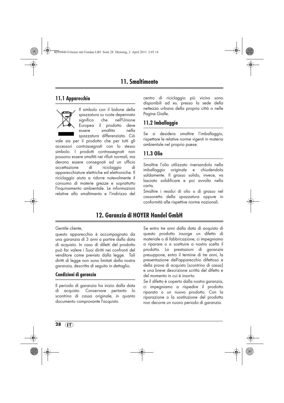Smaltimento, Garanzia di hoyer handel gmbh | Silvercrest SFM 840 A1 User Manual | Page 30 / 74