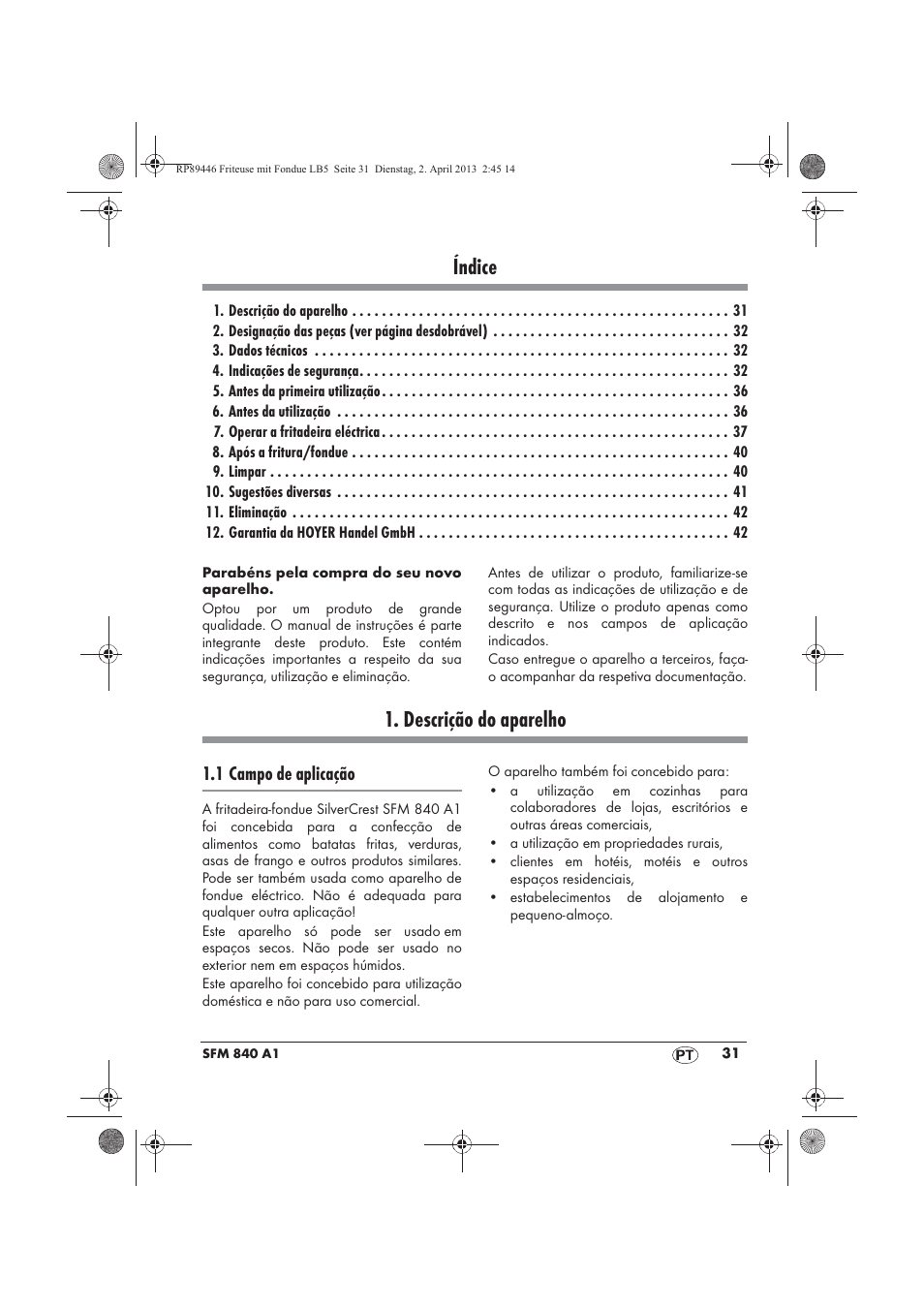 Índice, Descrição do aparelho, 1 campo de aplicação | Silvercrest SFM 840 A1 User Manual | Page 33 / 74