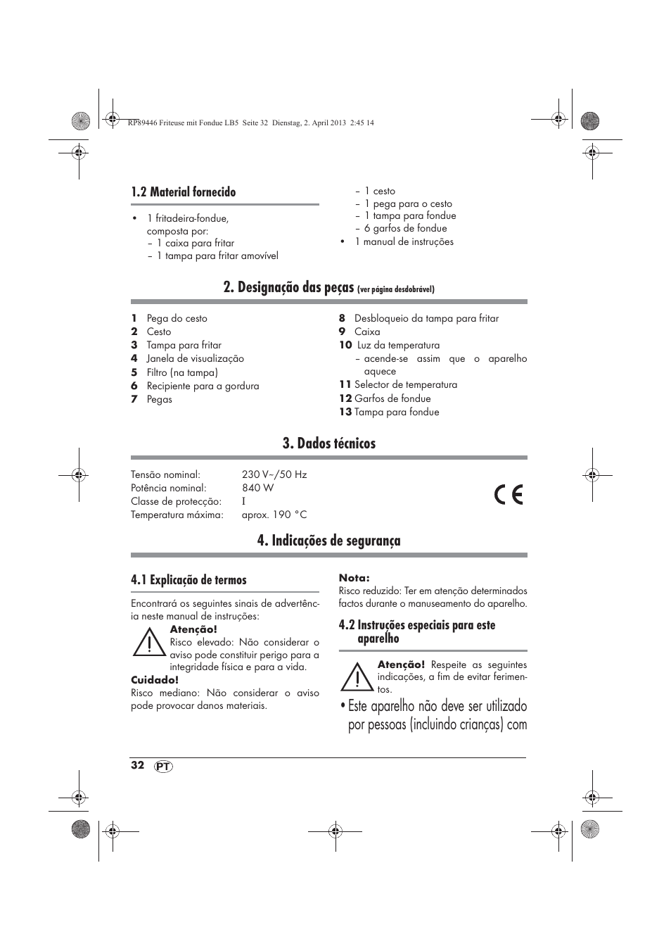 Designação das peças, Dados técnicos, Indicações de segurança | Silvercrest SFM 840 A1 User Manual | Page 34 / 74