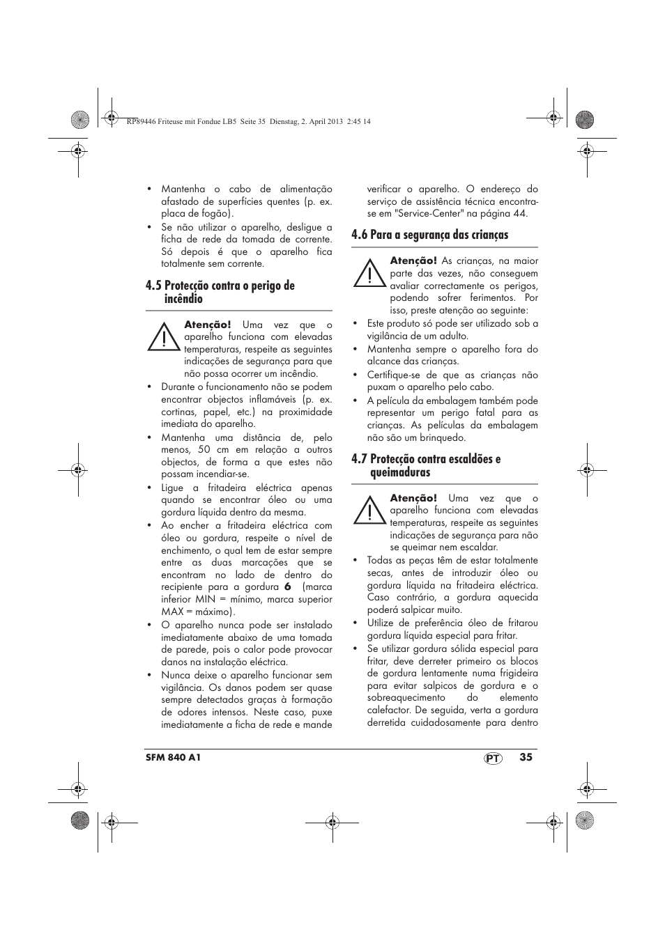 5 protecção contra o perigo de incêndio, 6 para a segurança das crianças, 7 protecção contra escaldões e queimaduras | Silvercrest SFM 840 A1 User Manual | Page 37 / 74