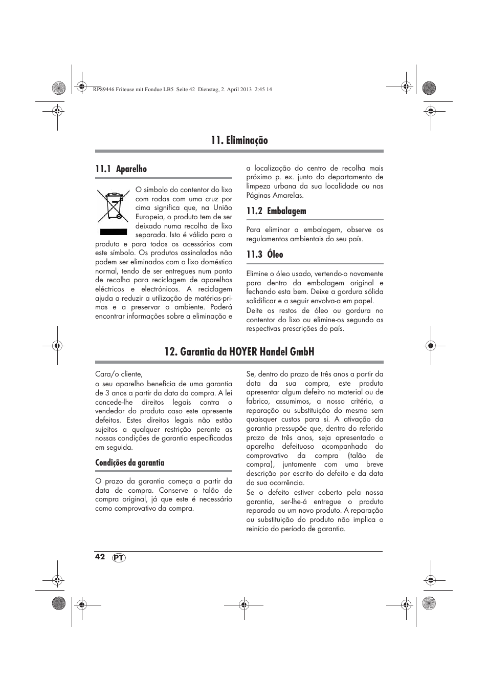 Eliminação, Garantia da hoyer handel gmbh | Silvercrest SFM 840 A1 User Manual | Page 44 / 74