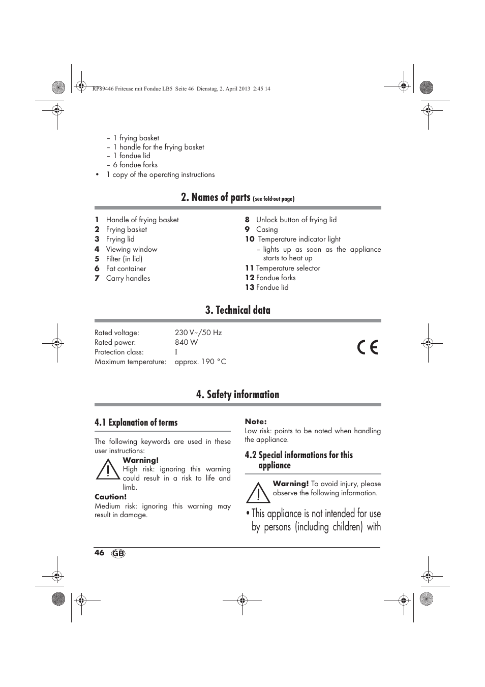 Names of parts, Technical data, Safety information | Silvercrest SFM 840 A1 User Manual | Page 48 / 74